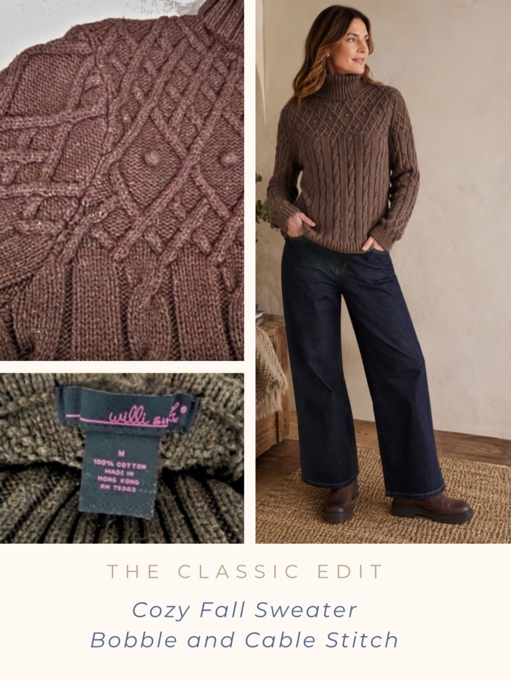 Willi Smith | Cable and Bobble Knit Cotton Sweater | Chocolate Brown | Cozy Fall